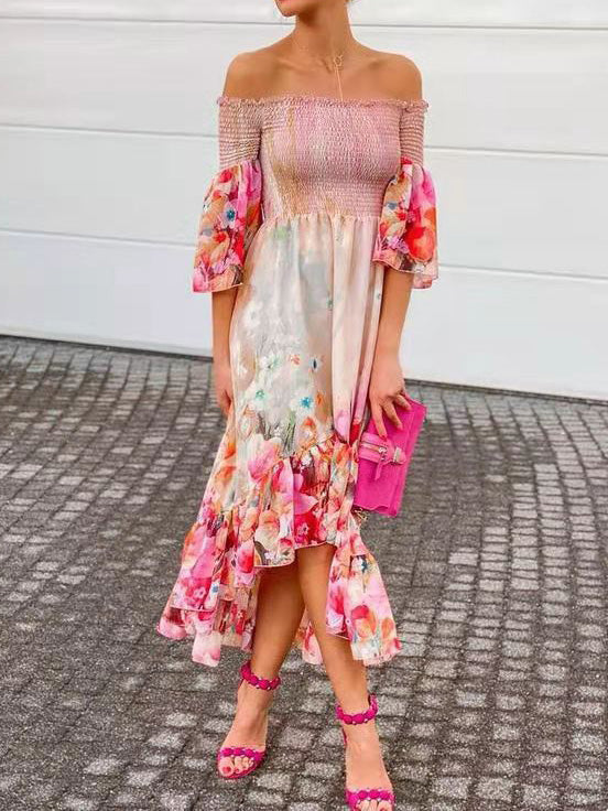 Women's Dresses Floral Off-Shoulder Flare Sleeve Irregular Dress