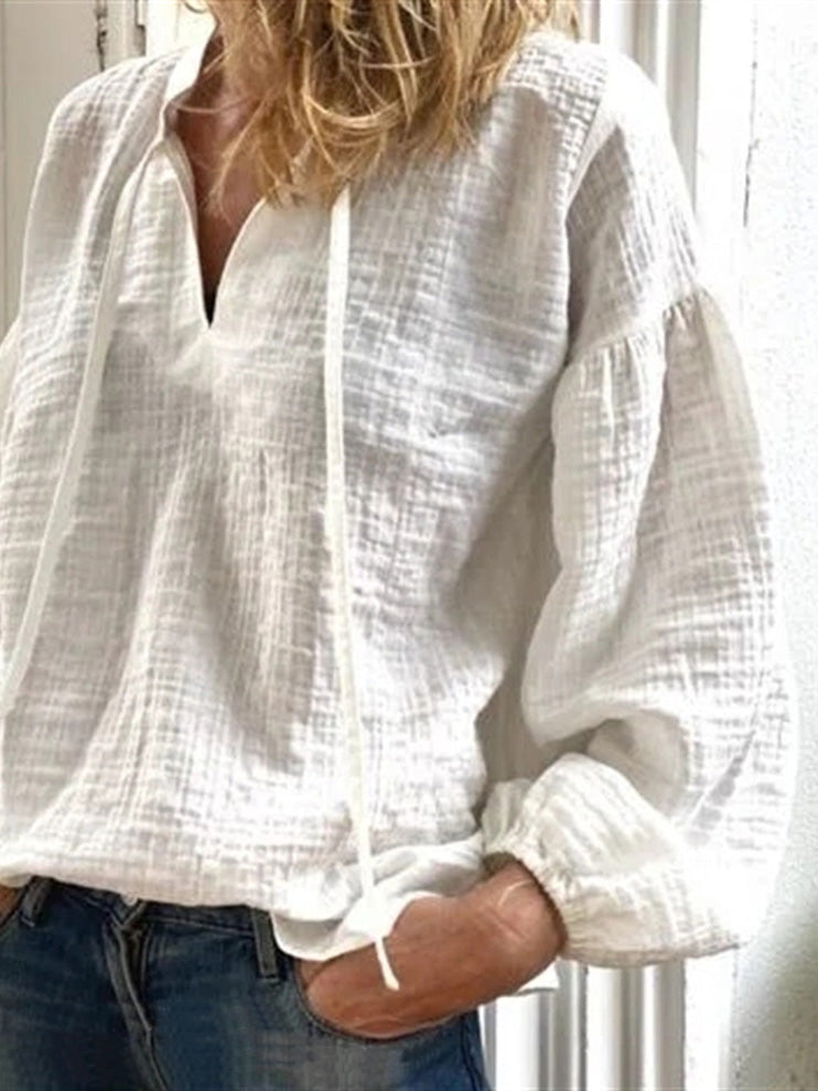 Women's Blouses Casual Solid V-Neck Long Sleeve Blouse