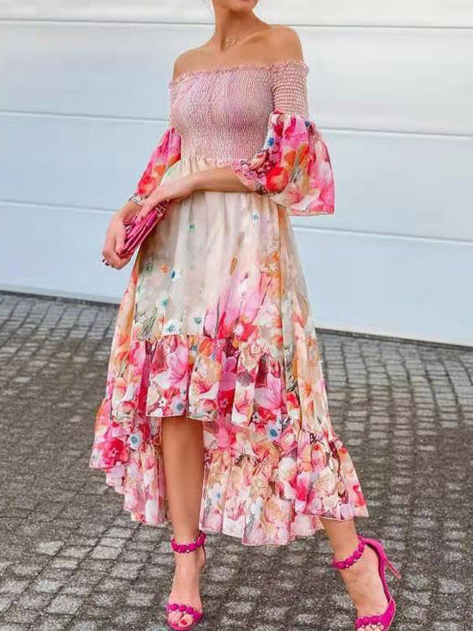Women's Dresses Floral Off-Shoulder Flare Sleeve Irregular Dress