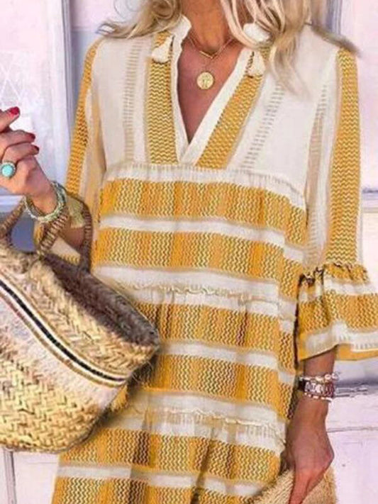 Casual Stripes V Neck 3/4 Sleeve Mini Dress