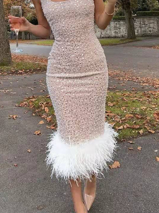 Women's Dresses Suspender Sleeveless Shiny Feather Dress