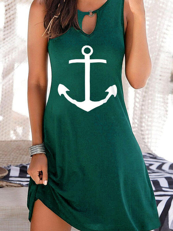 Anchor Print V Neck Sleeveless Dress