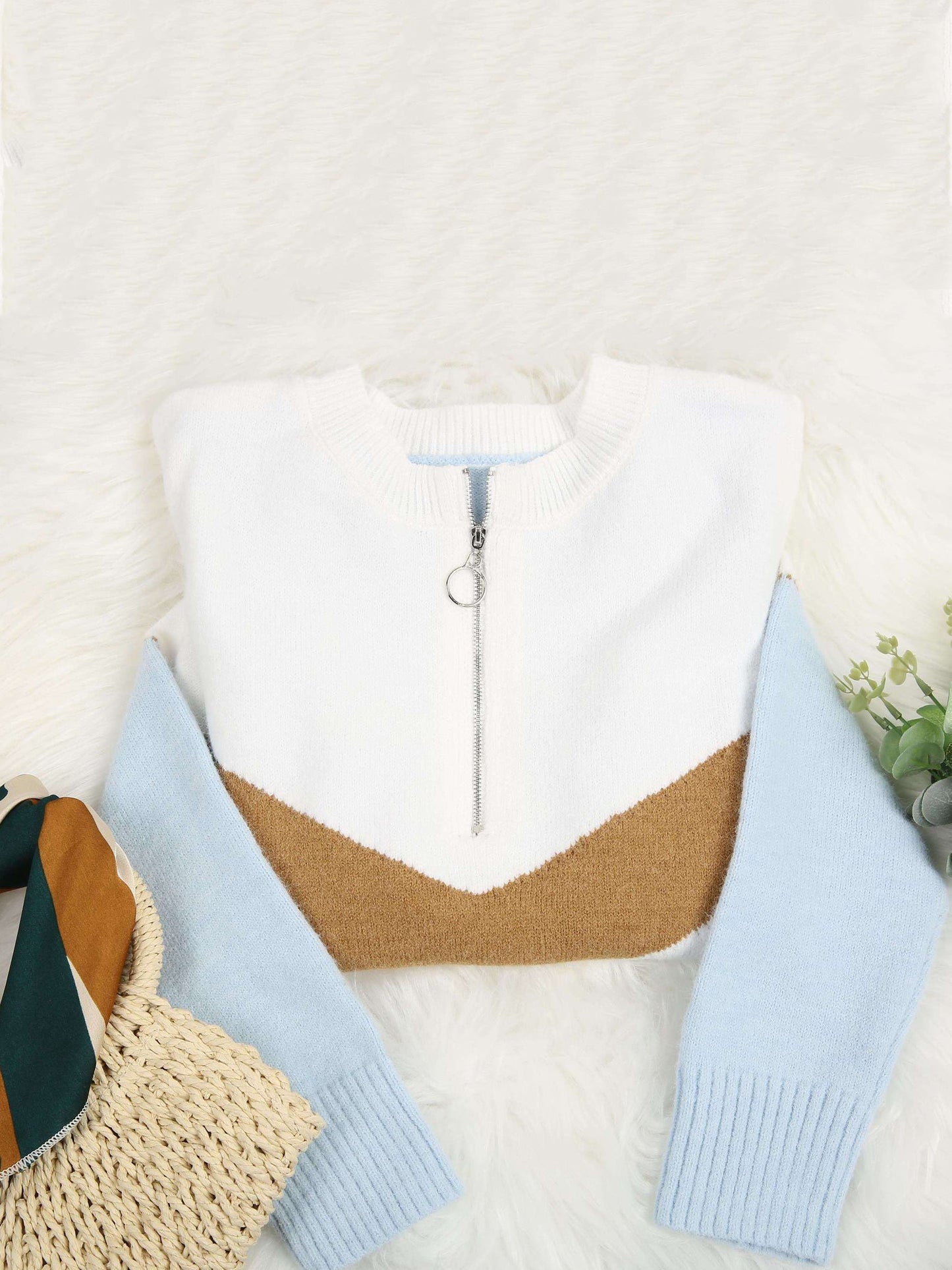 Women's Sweaters Zip V-Neck Multicolor Long Sleeve Sweater