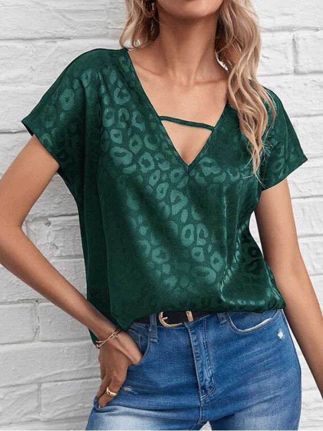 Women's T-Shirts Jacquard V-Neck Short Sleeve T-Shirt