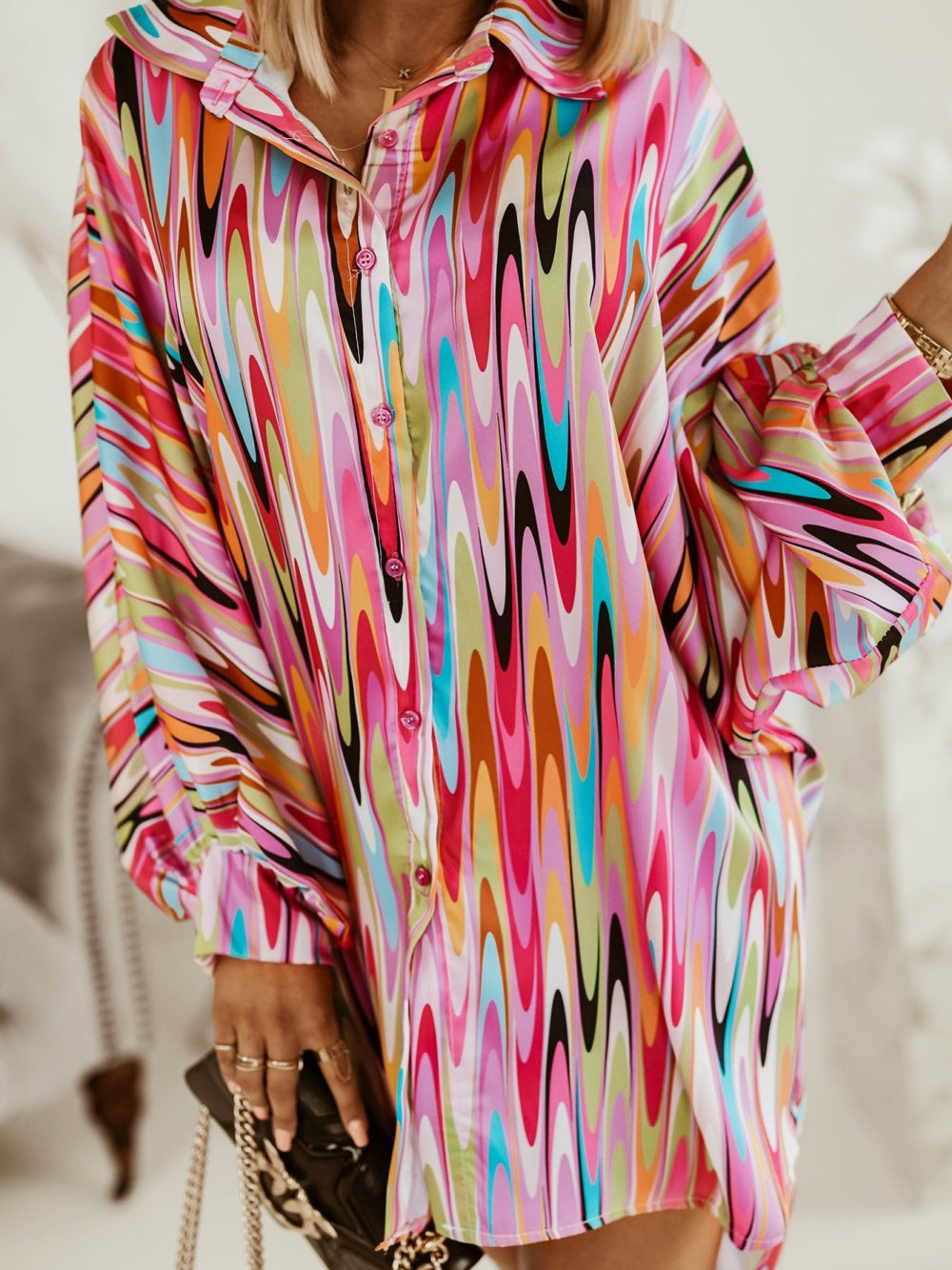 Women's Dresses Multicolor Printed Long Sleeve Shirt Dress