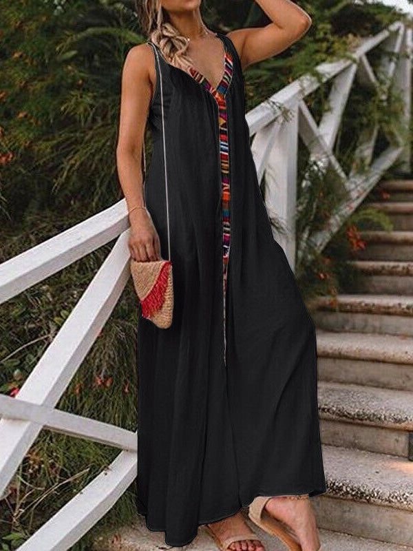 Women's Dresses Sling V-Neck Contrast Panel Dress