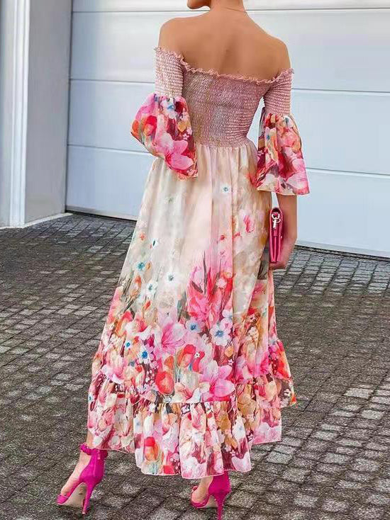 Women's Dresses Floral Off-Shoulder Flare Sleeve Irregular Dress