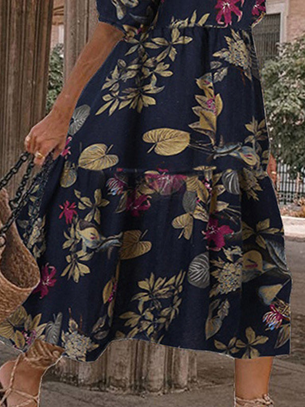 Fashion Print Round Neck 1/2 Sleeve Midi Dress