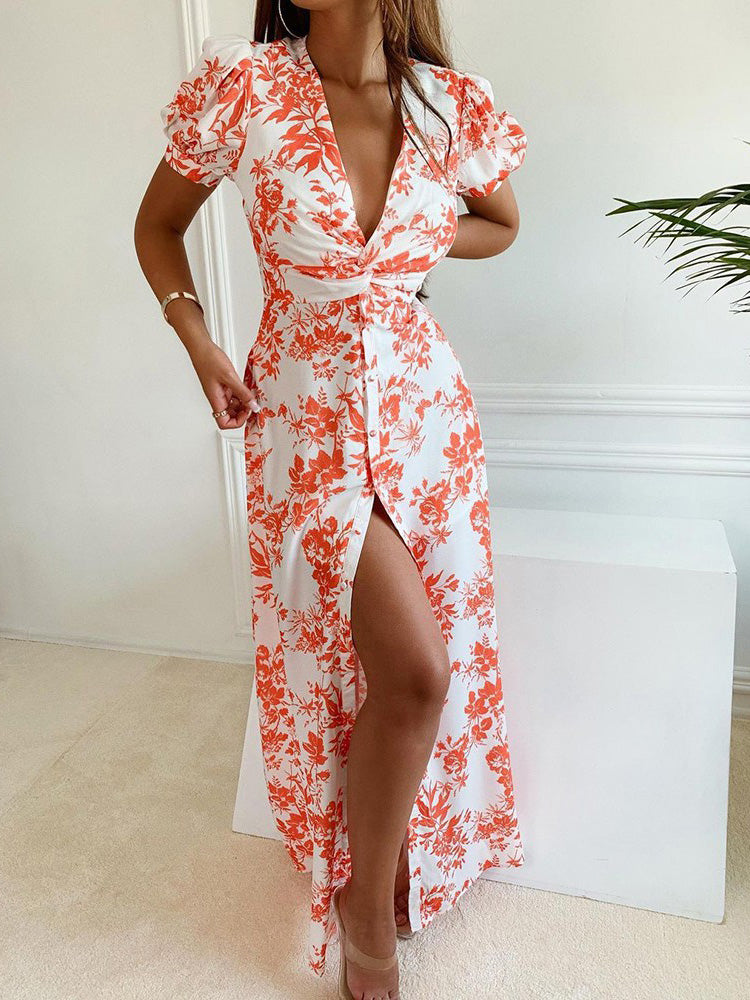 Women's Dresses V-Neck Printed Short Sleeve Slit Dress