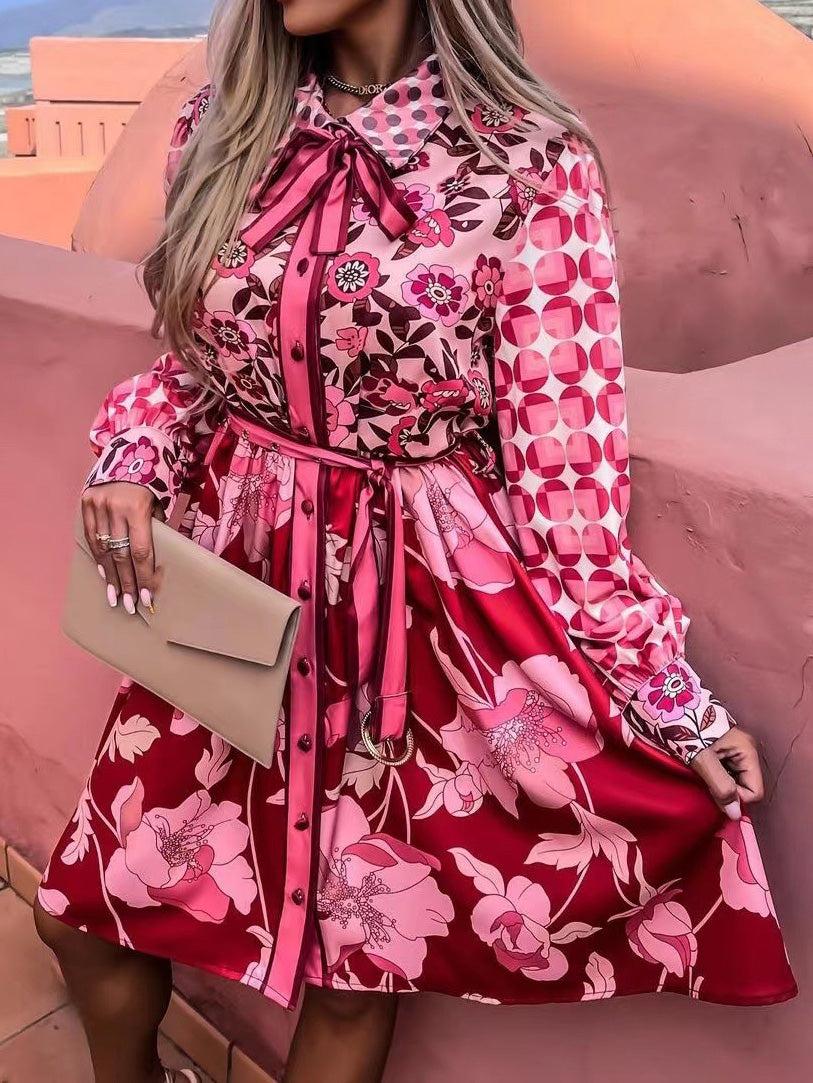Women's Dresses Printed Shirt Collar Panel Lace-Up Dress