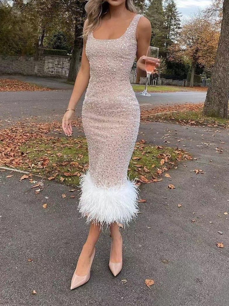 Women's Dresses Suspender Sleeveless Shiny Feather Dress