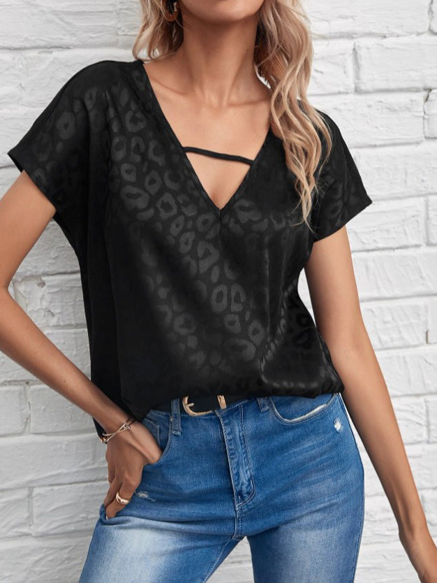 Women's T-Shirts Jacquard V-Neck Short Sleeve T-Shirt