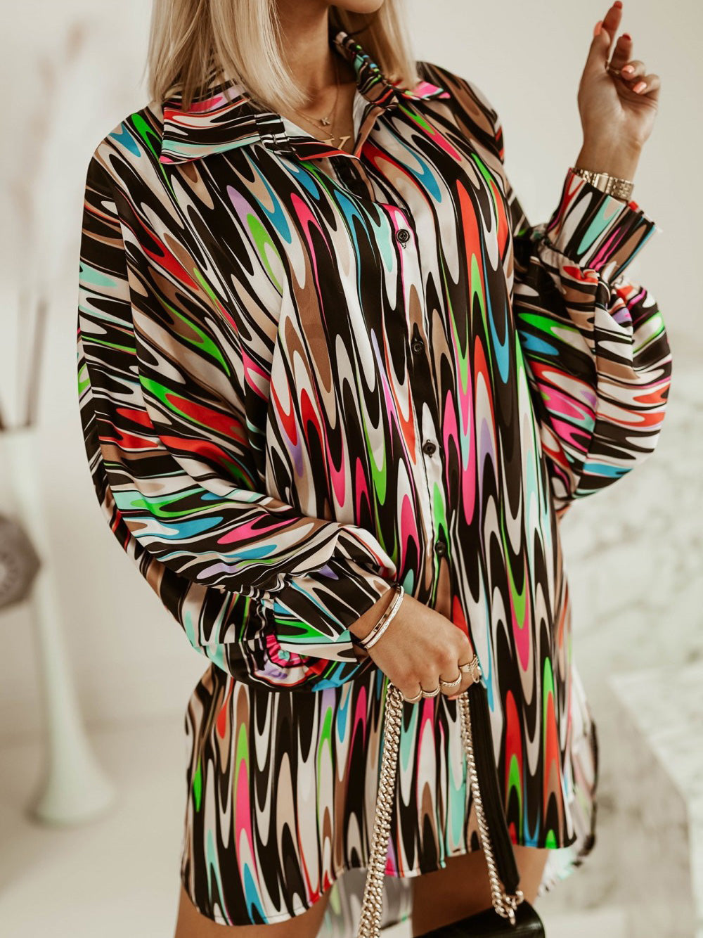 Women's Dresses Multicolor Printed Long Sleeve Shirt Dress