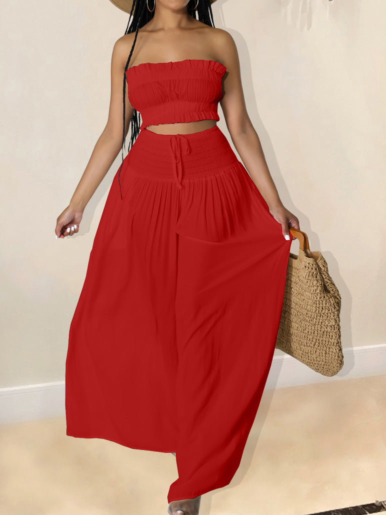 Women's Sets Solid Tube Top Wide Leg Pants Two-Piece Set