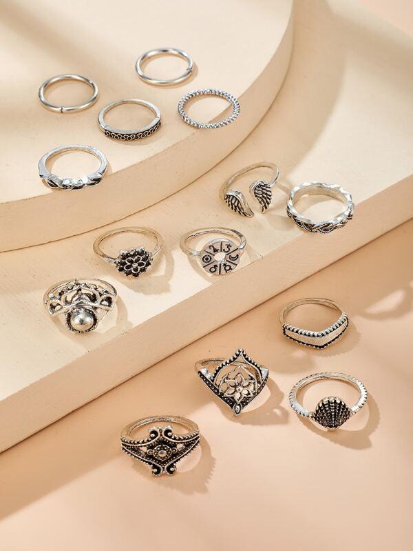 14pcs Retro Hollow Out Flower Shell Ring - INS | Online Fashion Free Shipping Clothing, Dresses, Tops, Shoes