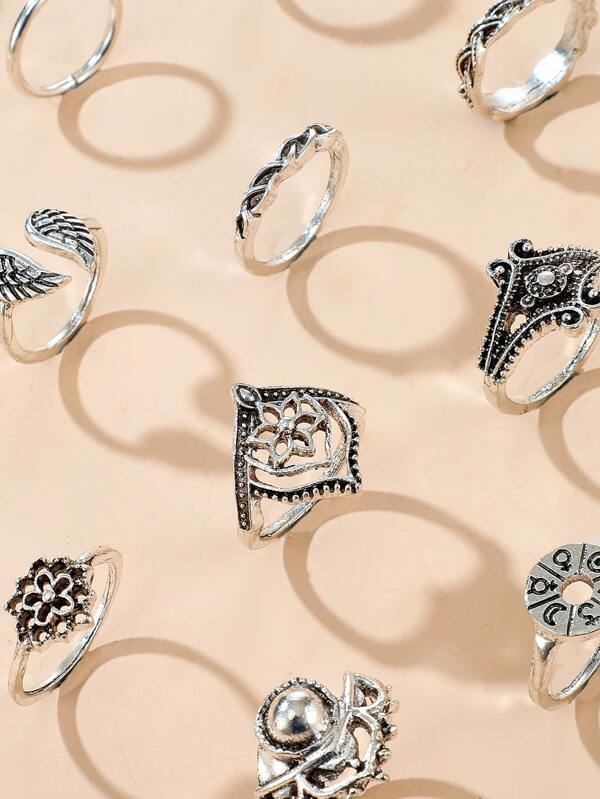 14pcs Retro Hollow Out Flower Shell Ring - INS | Online Fashion Free Shipping Clothing, Dresses, Tops, Shoes