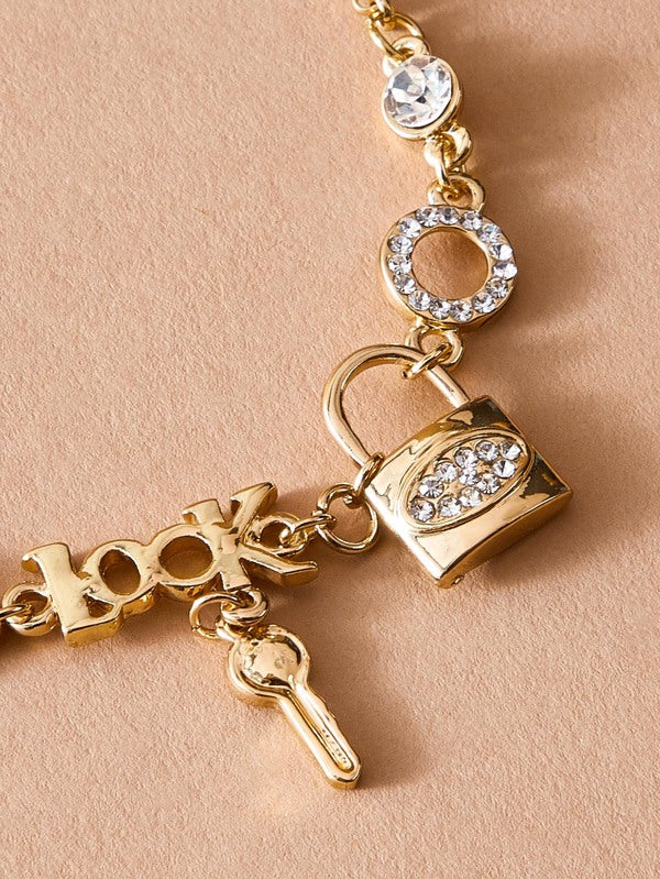 1pc Rhinestone Decor Lock & Key Charm Bracelet