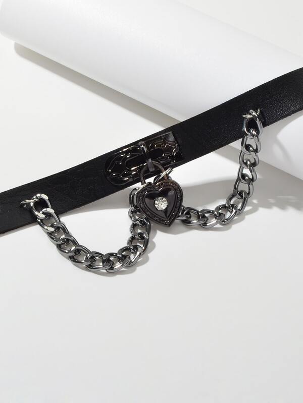 Black Gothic Ajustable Pu Leather Choker Collar Necklace With Heart Pendant