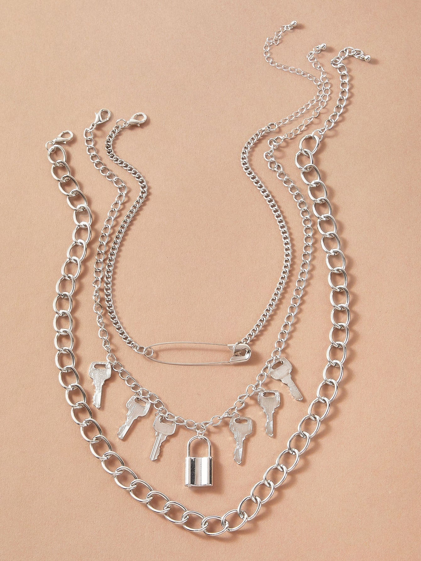 3pcs Lock & Key Charm Chain Necklace