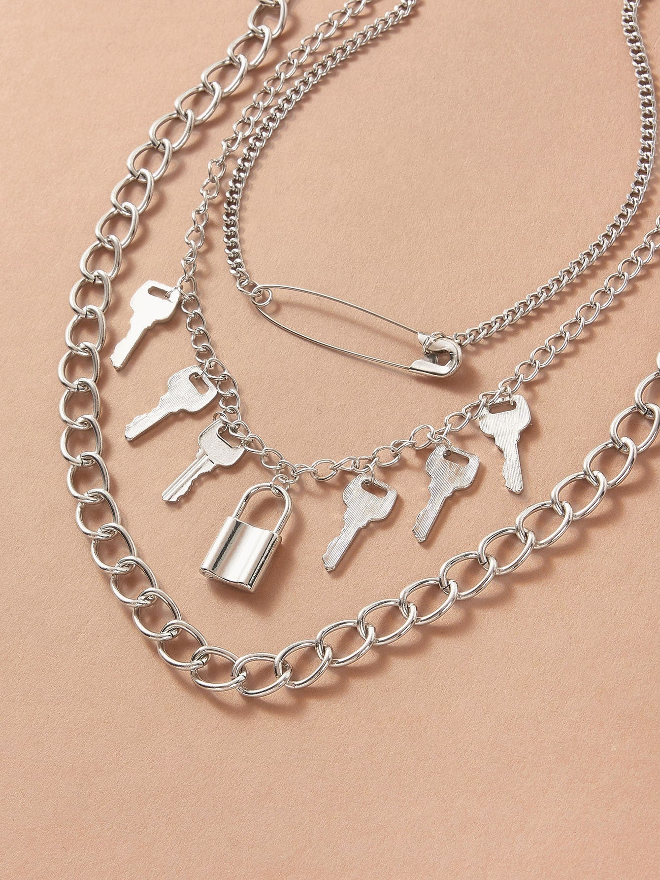 3pcs Lock & Key Charm Chain Necklace