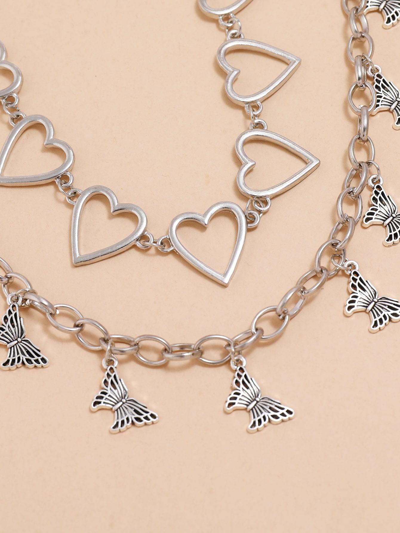 1pc Heart Decor Choker & 1pc Butterfly Decor Necklace