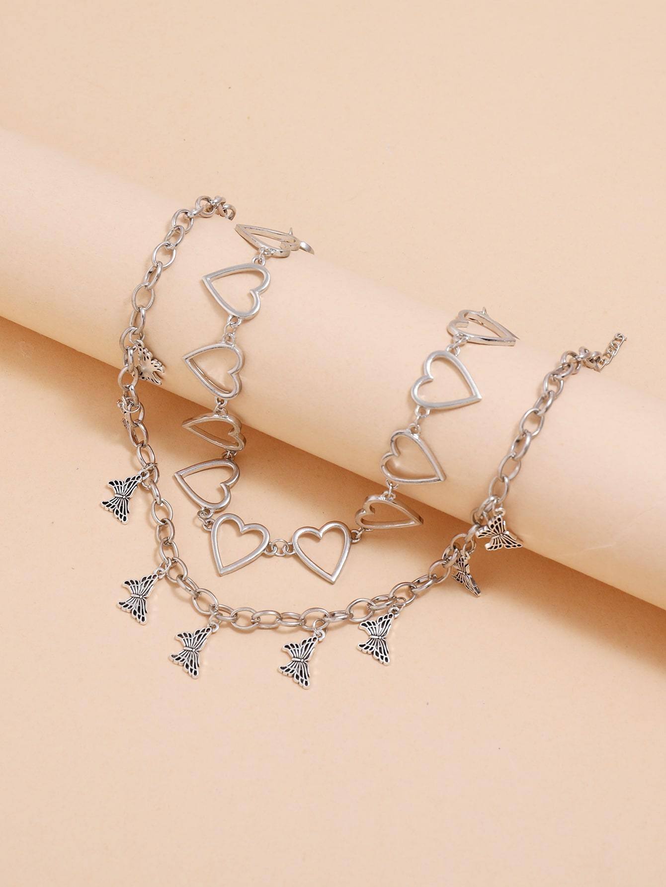 1pc Heart Decor Choker & 1pc Butterfly Decor Necklace