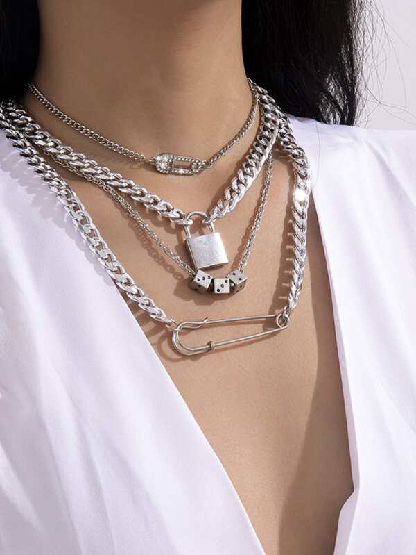 4pcs Lock & Safety Pin Pendant Necklace