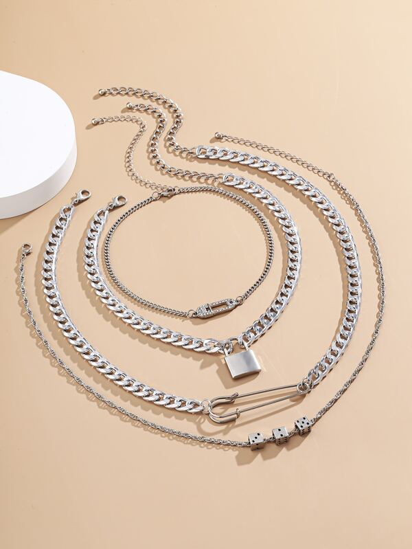 4pcs Lock & Safety Pin Pendant Necklace