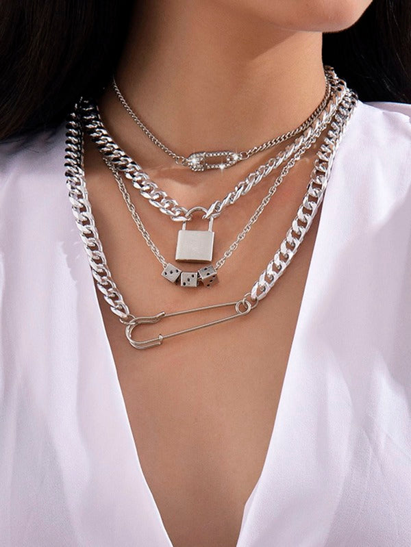 4pcs Lock & Safety Pin Pendant Necklace