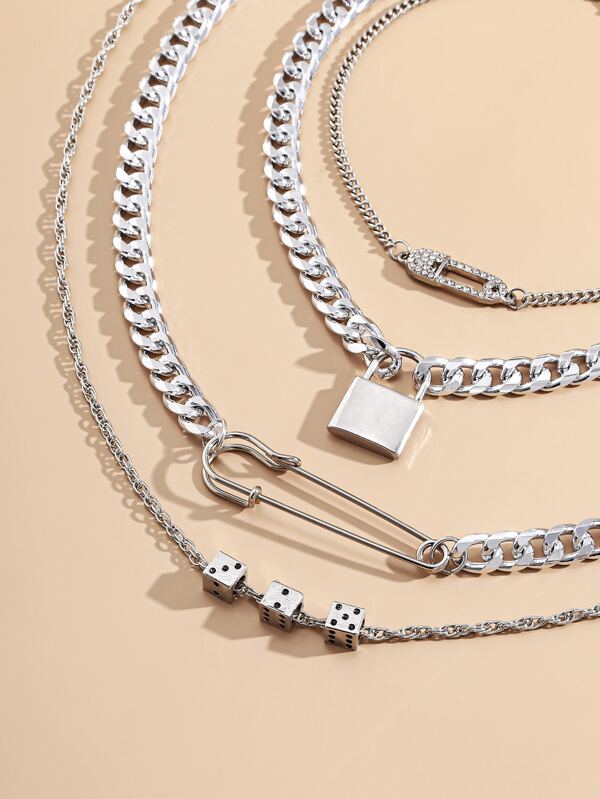 4pcs Lock & Safety Pin Pendant Necklace
