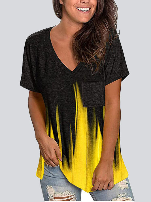 Casual Gradient Color V Neck Short Sleeve T-shirts