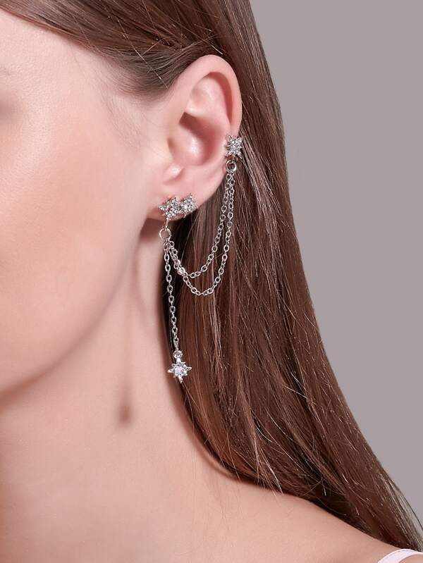 1pair Rhinestone Decor Chain Mismatched Earrings - INS | Online Fashion Free Shipping Clothing, Dresses, Tops, Shoes