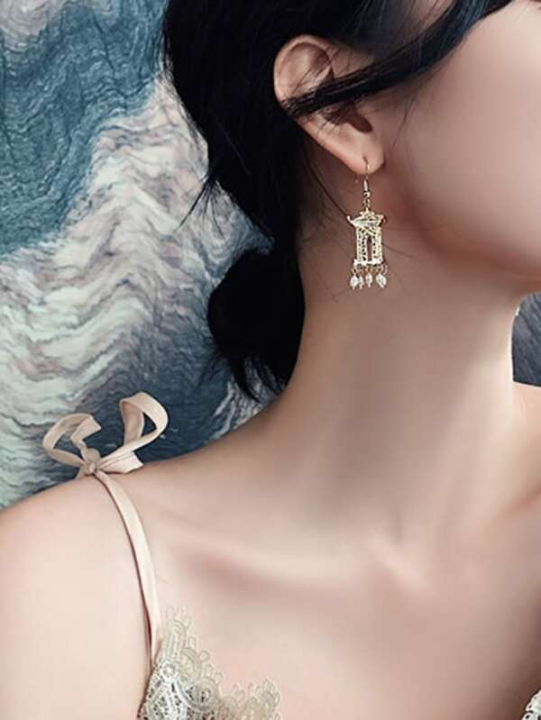 1pair Tower Decor Faux Pearl Tassel Drop Earrings - INS | Online Fashion Free Shipping Clothing, Dresses, Tops, Shoes