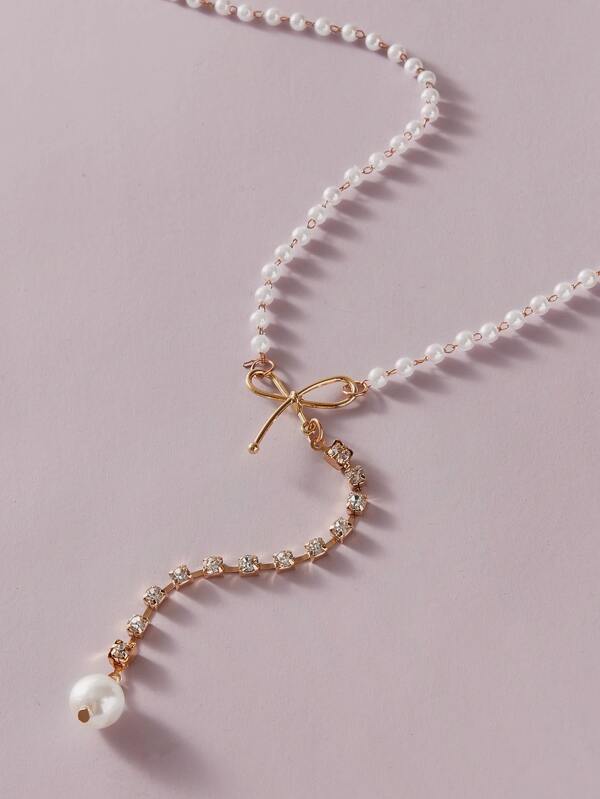1pc Faux Pearl & Bow Decor Y Lariat Necklace - INS | Online Fashion Free Shipping Clothing, Dresses, Tops, Shoes