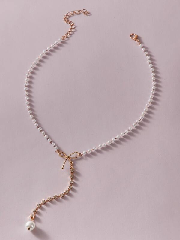 1pc Faux Pearl & Bow Decor Y Lariat Necklace - INS | Online Fashion Free Shipping Clothing, Dresses, Tops, Shoes