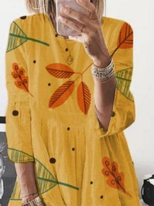 3/4 Sleeve Leaf Print High Waist Midi Dress - Midi Dresses - INS | Online Fashion Free Shipping Clothing, Dresses, Tops, Shoes - 20-30 - Category_Midi Dresses - color-blue