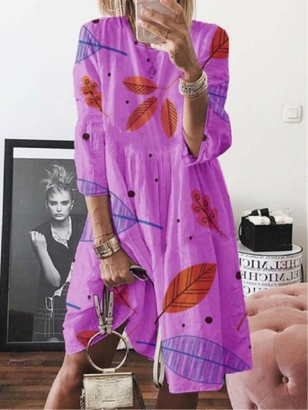 3/4 Sleeve Leaf Print High Waist Midi Dress - Midi Dresses - INS | Online Fashion Free Shipping Clothing, Dresses, Tops, Shoes - 20-30 - Category_Midi Dresses - color-blue