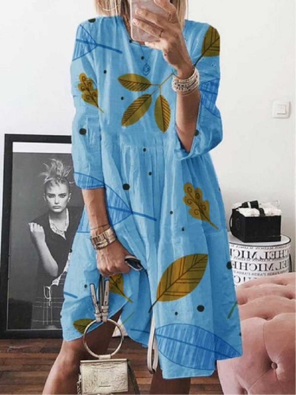 3/4 Sleeve Leaf Print High Waist Midi Dress - Midi Dresses - INS | Online Fashion Free Shipping Clothing, Dresses, Tops, Shoes - 20-30 - Category_Midi Dresses - color-blue
