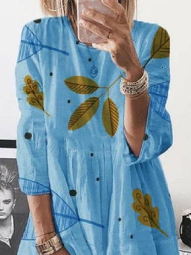 3/4 Sleeve Leaf Print High Waist Midi Dress - Midi Dresses - INS | Online Fashion Free Shipping Clothing, Dresses, Tops, Shoes - 20-30 - Category_Midi Dresses - color-blue