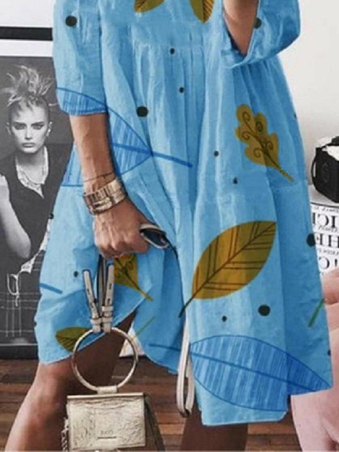 3/4 Sleeve Leaf Print High Waist Midi Dress - Midi Dresses - INS | Online Fashion Free Shipping Clothing, Dresses, Tops, Shoes - 20-30 - Category_Midi Dresses - color-blue