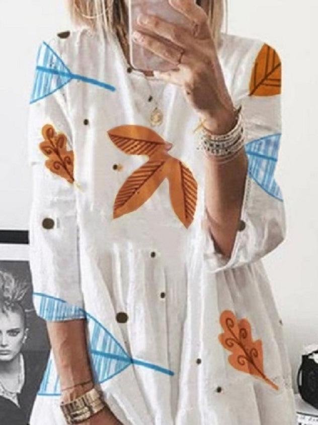 3/4 Sleeve Leaf Print High Waist Midi Dress - Midi Dresses - INS | Online Fashion Free Shipping Clothing, Dresses, Tops, Shoes - 20-30 - Category_Midi Dresses - color-blue