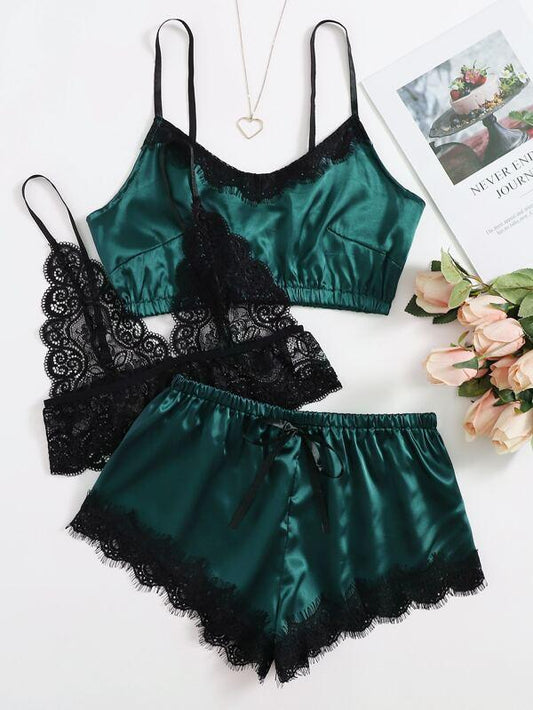 3pack Contrast Lace Satin Lingerie Set - INS | Online Fashion Free Shipping Clothing, Dresses, Tops, Shoes