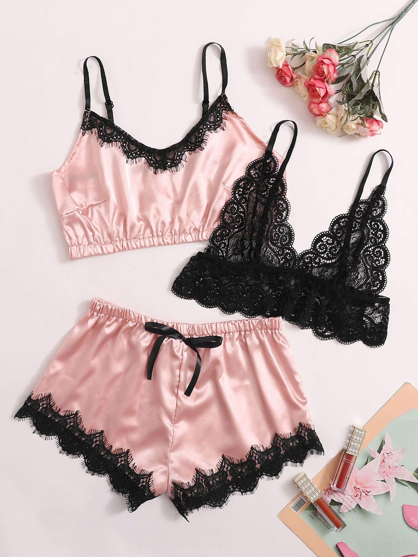 3pack Contrast Lace Satin Lingerie Set - INS | Online Fashion Free Shipping Clothing, Dresses, Tops, Shoes