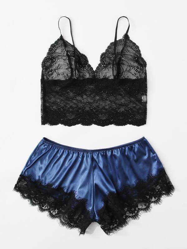 3pack Plus Contrast Lace Satin Lingerie Set & Robe - INS | Online Fashion Free Shipping Clothing, Dresses, Tops, Shoes