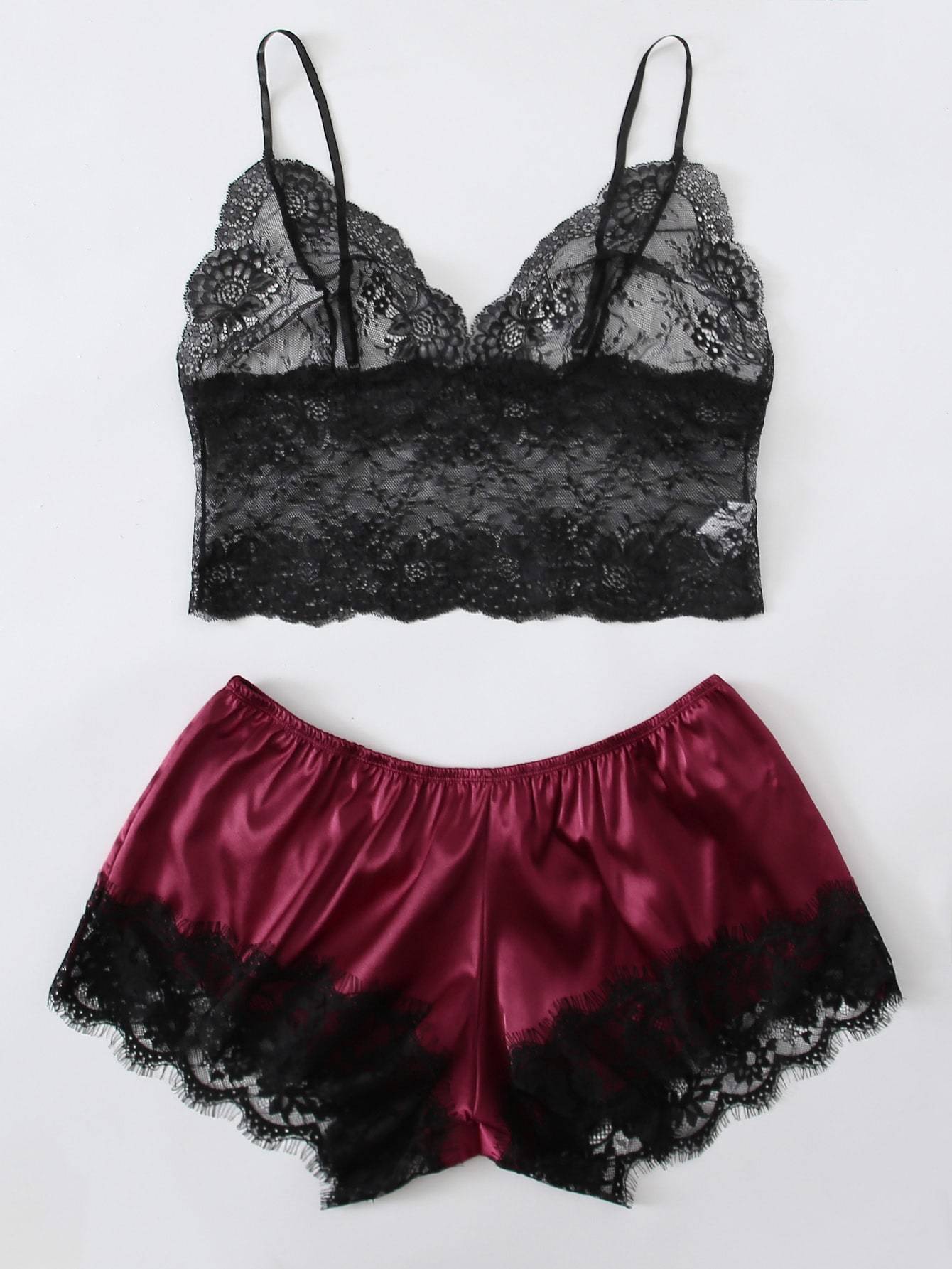 3pack Plus Contrast Lace Satin Lingerie Set & Robe - INS | Online Fashion Free Shipping Clothing, Dresses, Tops, Shoes