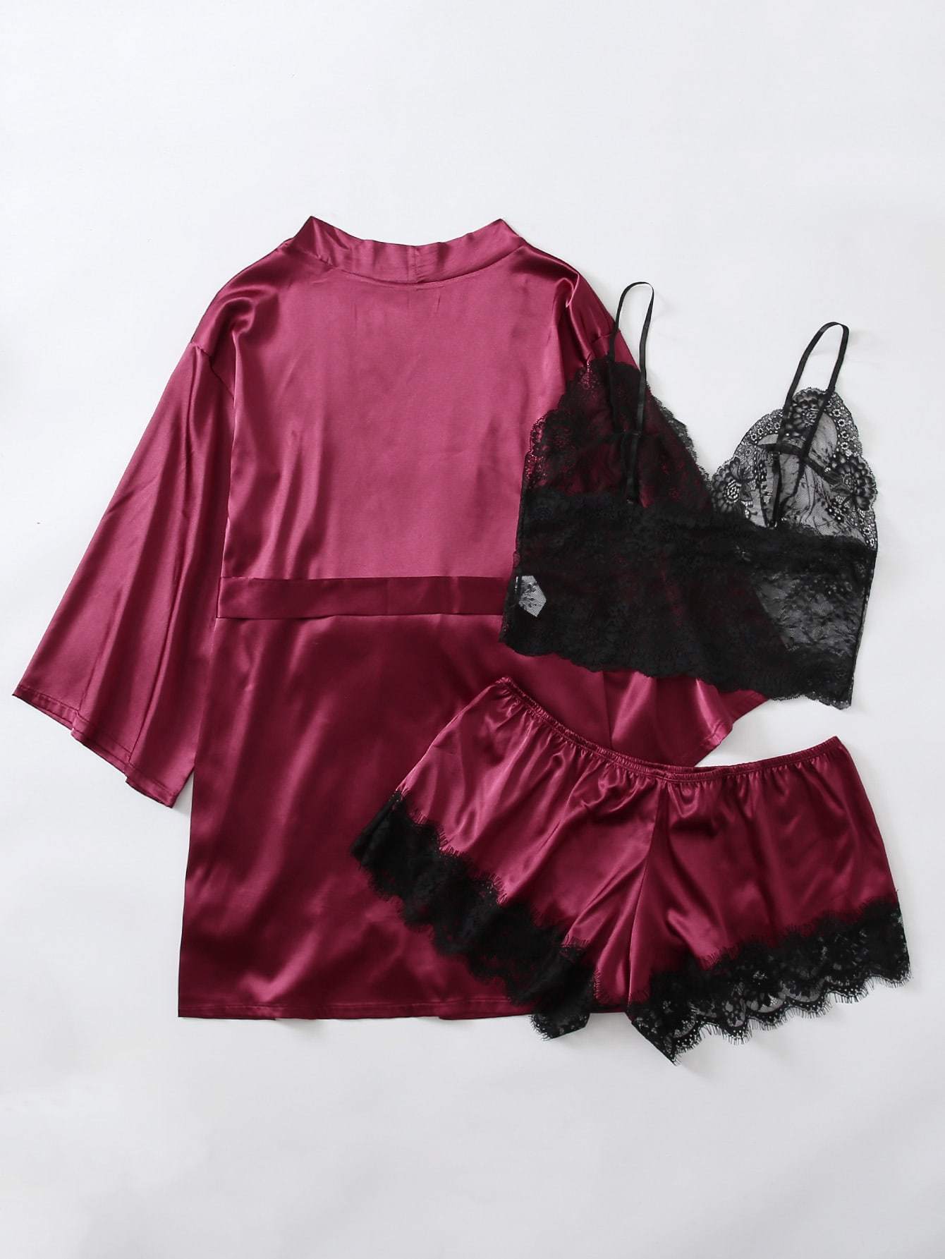 3pack Plus Contrast Lace Satin Lingerie Set & Robe - INS | Online Fashion Free Shipping Clothing, Dresses, Tops, Shoes