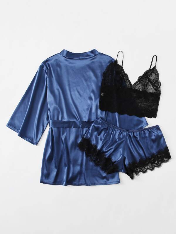 3pack Plus Contrast Lace Satin Lingerie Set & Robe - INS | Online Fashion Free Shipping Clothing, Dresses, Tops, Shoes