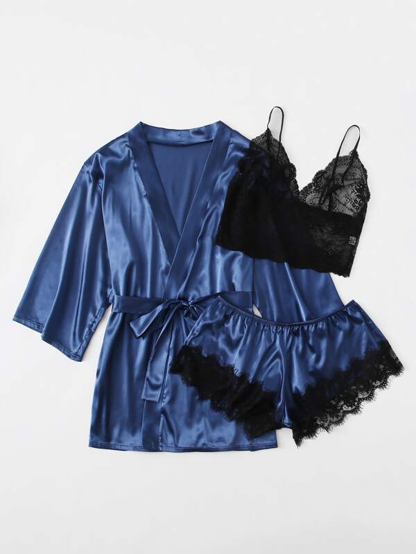 3pack Plus Contrast Lace Satin Lingerie Set & Robe - INS | Online Fashion Free Shipping Clothing, Dresses, Tops, Shoes