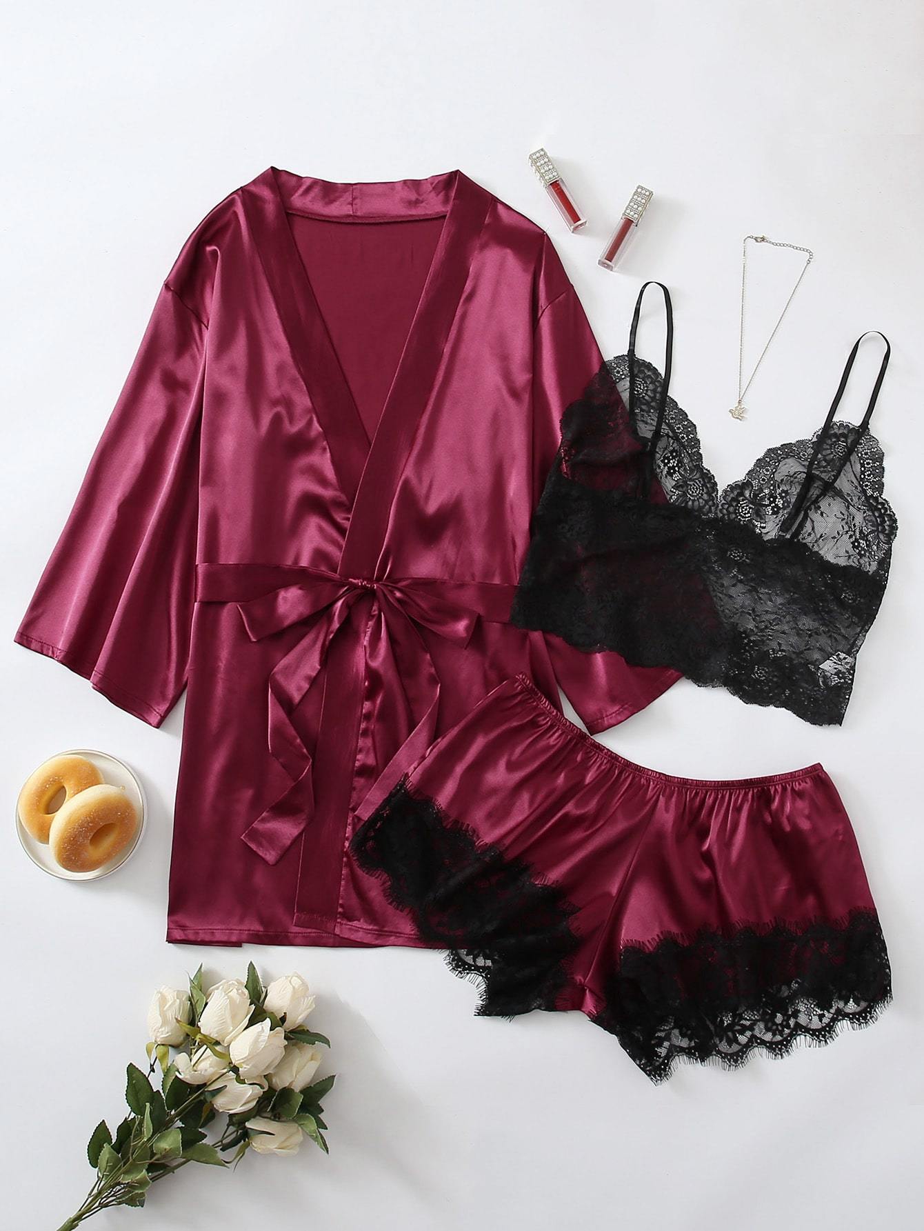 3pack Plus Contrast Lace Satin Lingerie Set & Robe - INS | Online Fashion Free Shipping Clothing, Dresses, Tops, Shoes