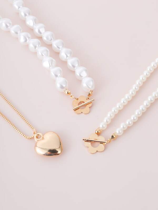 3pcs Faux Pearl Heart Decor Necklace - INS | Online Fashion Free Shipping Clothing, Dresses, Tops, Shoes